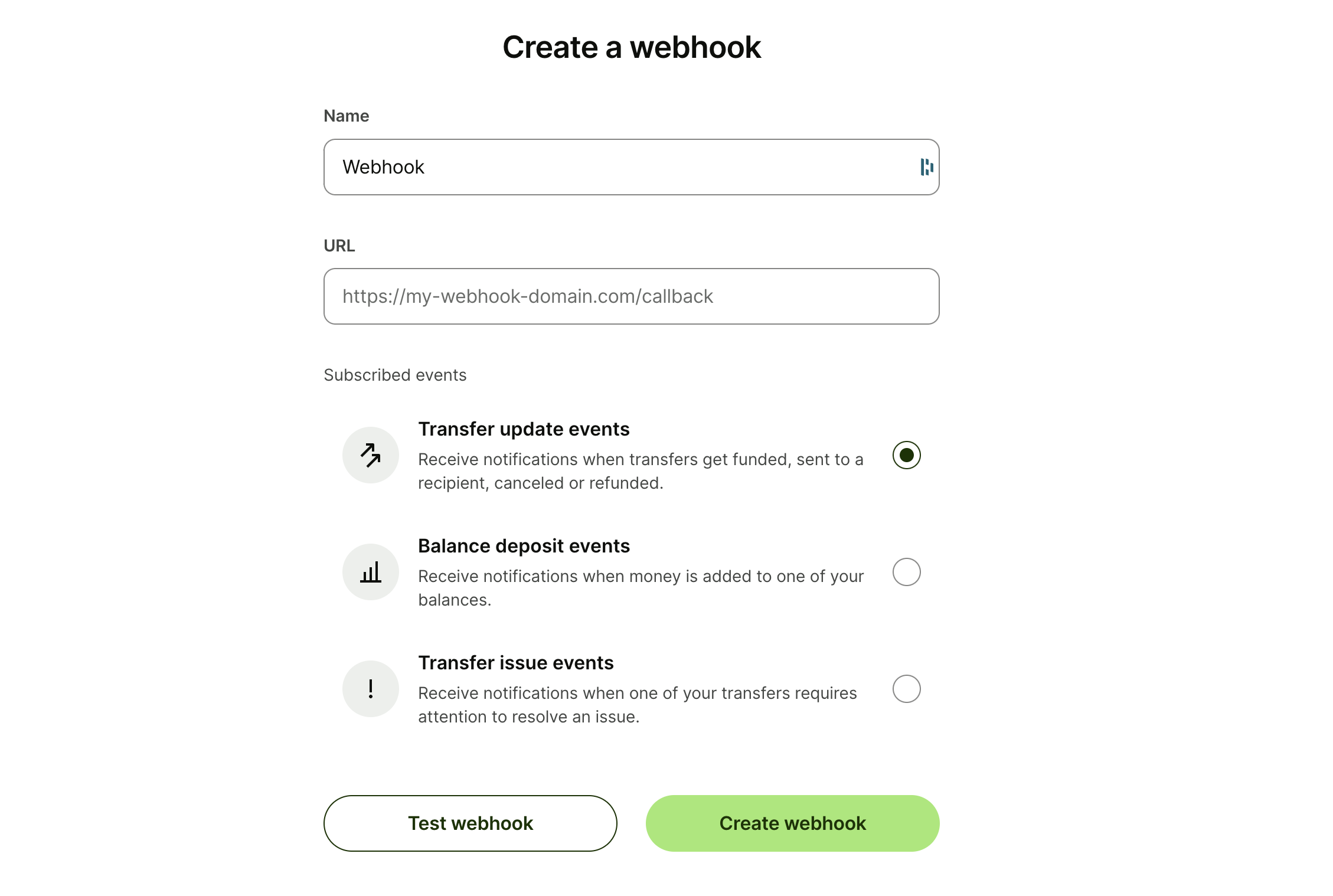 Webhooks that you can set up directly in the Wise dashboard